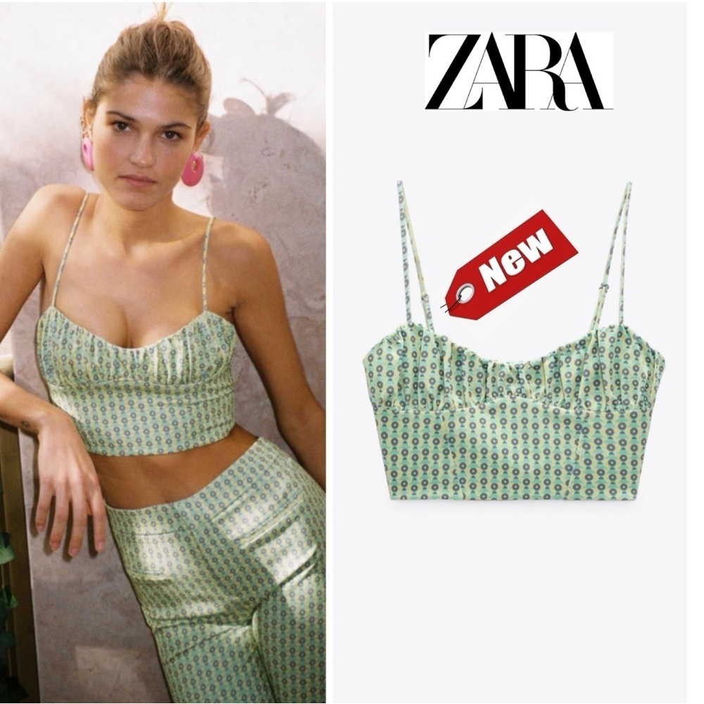 Zara mint green printed corset spaghetti strap crop top Sz S NWT
